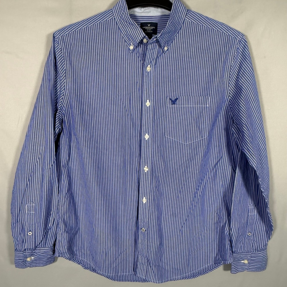 American Eagle Mens Large Blue White‎ Striped Classic Fit Button Down Shirt